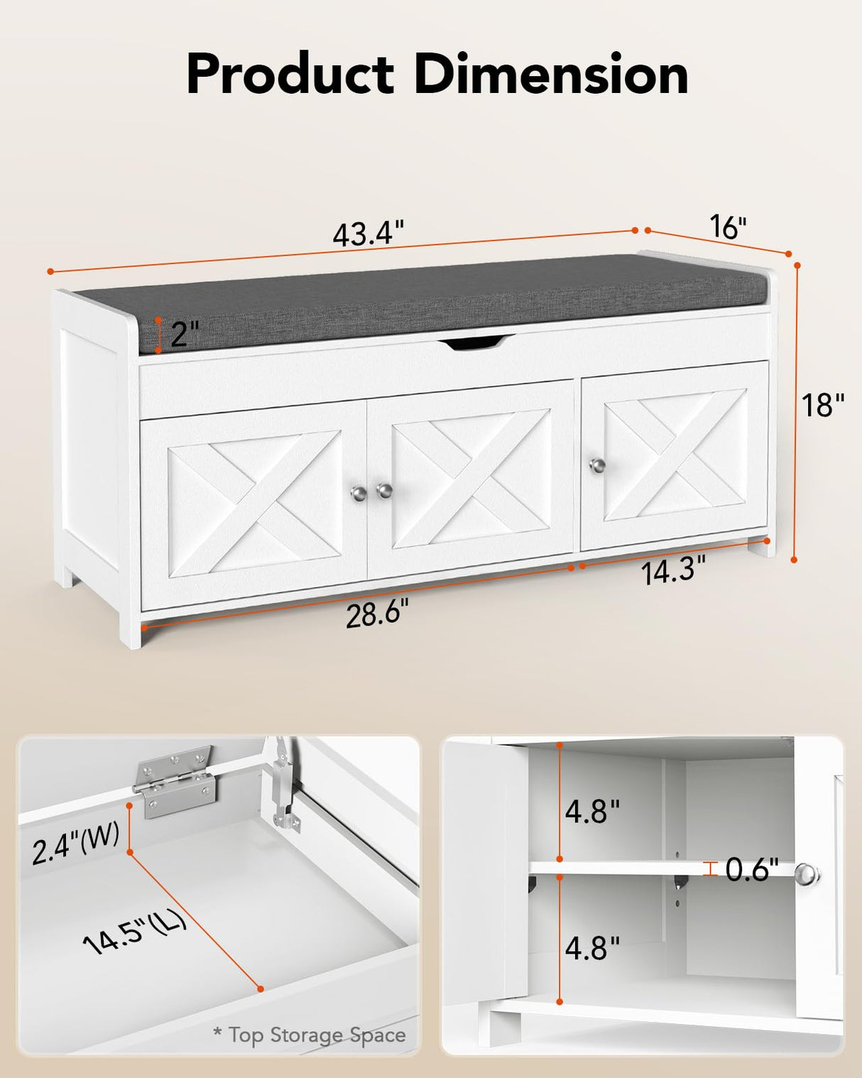 Pipishell 2-Tier Shoe Storage Bench with Cushioned Seat, Entryway Bench with Adjustable Shelf & Barn Doors, 300 lbs Capacity, 43.4" W x 16" D x 18" H, for Entryway, Bedroom, Living Room, White Pipishell