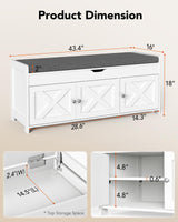 Pipishell 2-Tier Shoe Storage Bench with Cushioned Seat, Entryway Bench with Adjustable Shelf & Barn Doors, 300 lbs Capacity, 43.4" W x 16" D x 18" H, for Entryway, Bedroom, Living Room, White Pipishell