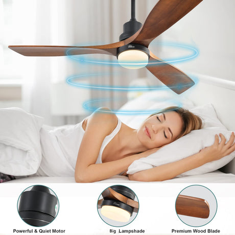 Sofucor 52 Inch Ceiling Fans with Lights and Remote Control, 3 Down Rods Outdoor Ceiling Fan with Light, Dimmable LED Light, Noiseless Motor & 3 Reversible Wood Blades Sofucor