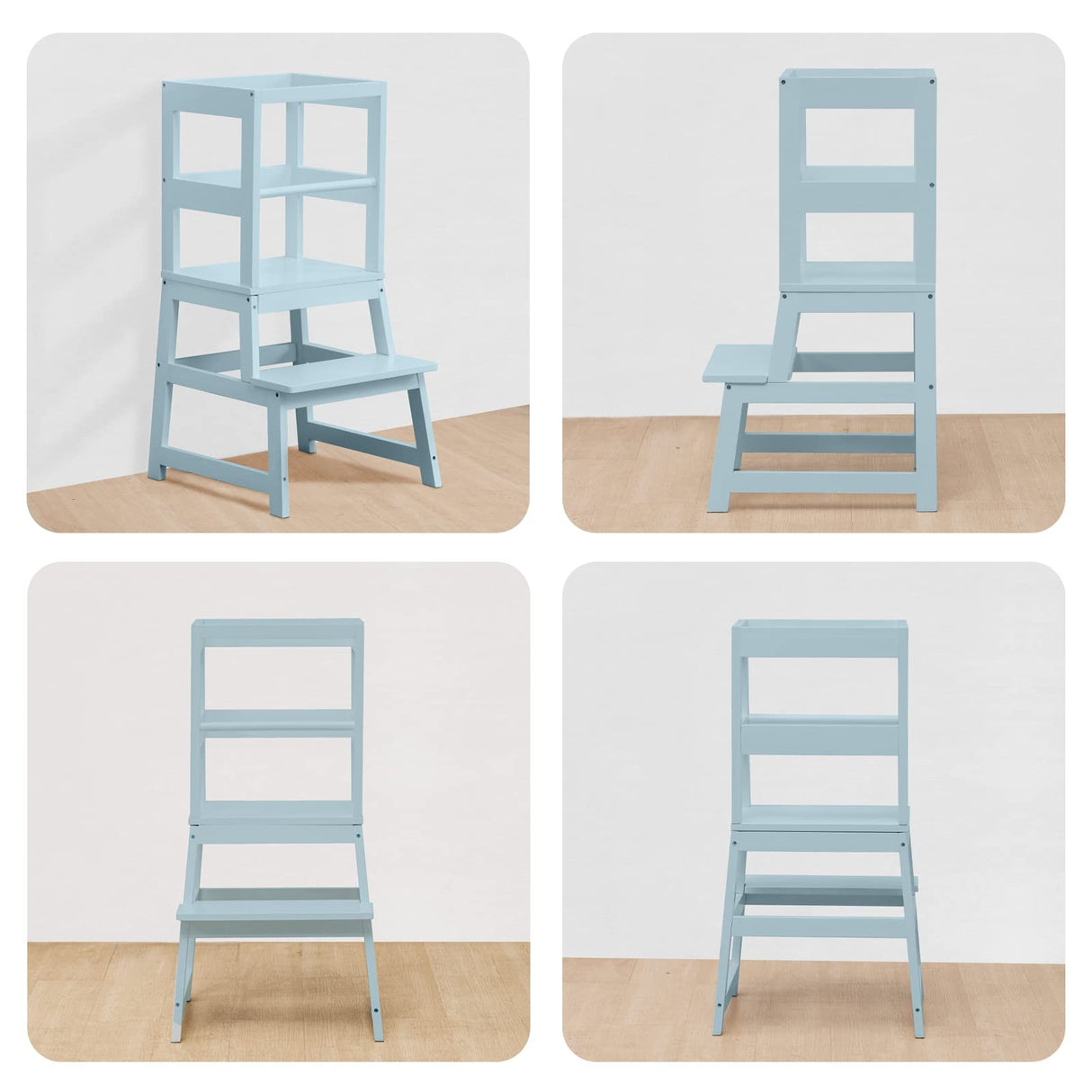 Kitchen Step Stool for Toddlers with Non-Slip Mat, WOOD CITY Wooden Kids Montessori Learning Stool Tower, Toddler Standing Tower Helper for Kitchen Counter and Bathroom Sink(Grey-Blue) WOOD CITY