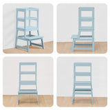 Kitchen Step Stool for Toddlers with Non-Slip Mat, WOOD CITY Wooden Kids Montessori Learning Stool Tower, Toddler Standing Tower Helper for Kitchen Counter and Bathroom Sink(Grey-Blue) WOOD CITY