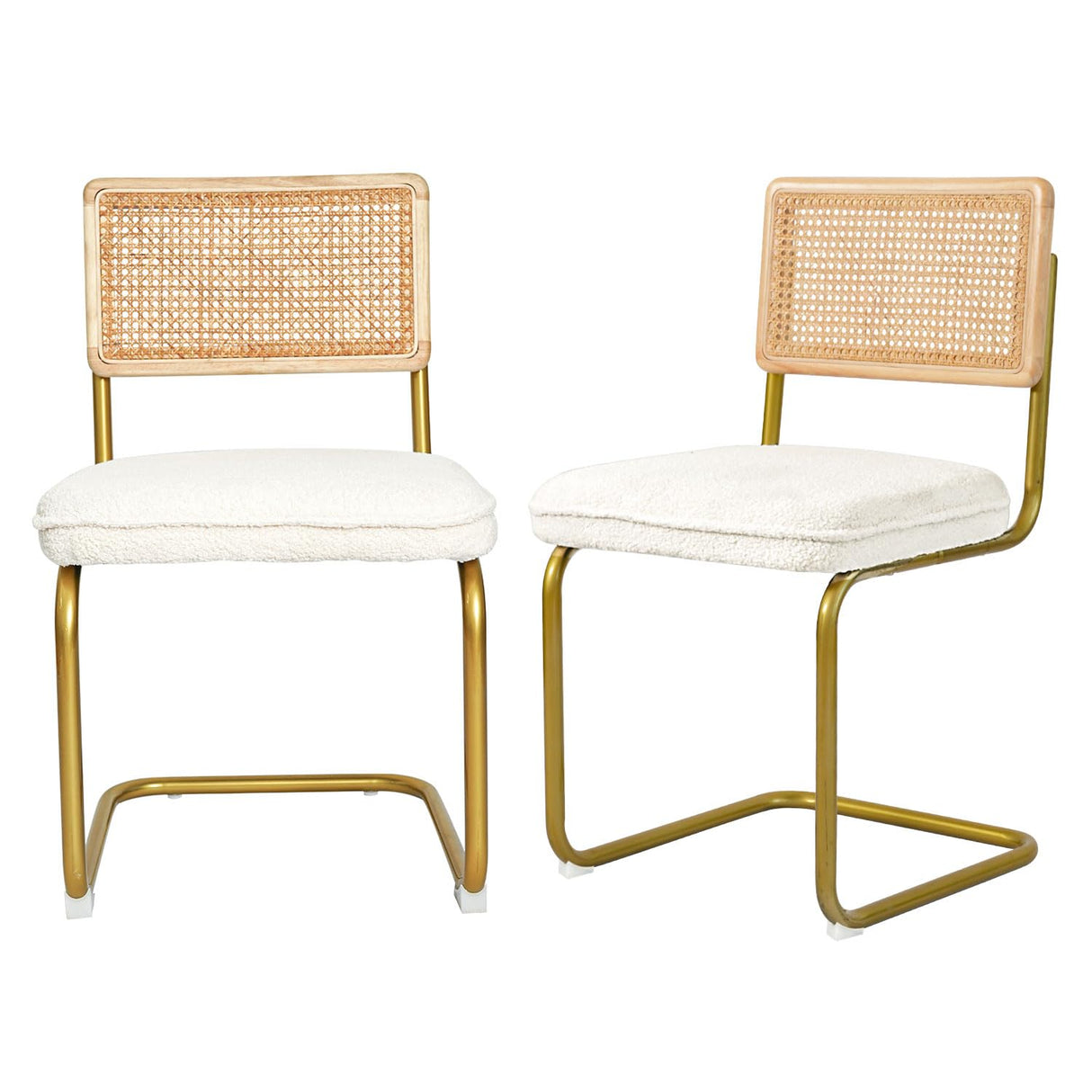 CangLong Mid-Century Modern Rattan Chairs, Upholstered Fleece Seat Armless Chairs with Rattan Backrest & Metal Legs for Home Kitchen Dining Room, Set of 2, Cream CangLong