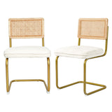 CangLong Mid-Century Modern Rattan Chairs, Upholstered Fleece Seat Armless Chairs with Rattan Backrest & Metal Legs for Home Kitchen Dining Room, Set of 2, Cream CangLong
