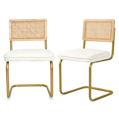 CangLong Mid-Century Modern Rattan Chairs, Upholstered Fleece Seat Armless Chairs with Rattan Backrest & Metal Legs for Home Kitchen Dining Room, Set of 2, Cream