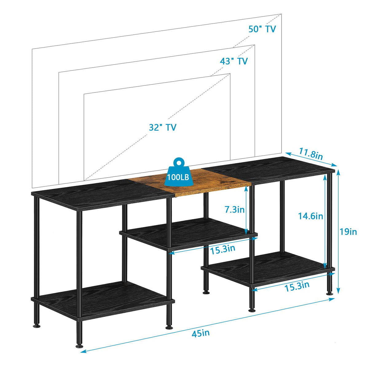 50 inch TV Stand 3 Tier Entertainment Center with Storage Shelves Small Tall Television Console Table with Metal Frame, Industrial TV Cabinet for Living Room Bedroom, Black BTY