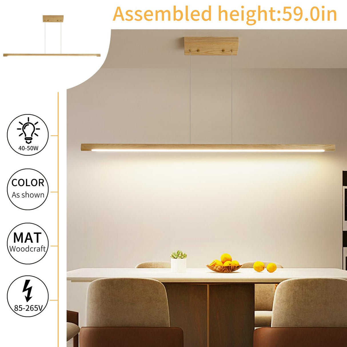 Mikeru Wooden Linear Pendant Light,Modern Chandelier Hanging Light with Remote Dimming 3000k-6000k, Ash Wood LED Pendant for Dining Room, Kitchen Island (47in, Round) Mikeru