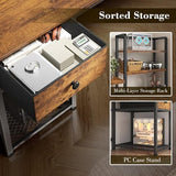 EnHomee 44 Inch Computer Desk with Hutch and Drawers,Reversible Home Office Desk with Monitor Shelf,Small Gaming Desks with USB Power Outlets,Writing Table for Office with LED Lights,Rustic Brown EnHomee