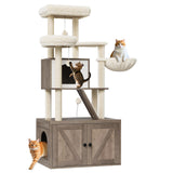OUTGOODS 59-Inch Cat Tree with Litter Box Enclosure 2-in-1 Modern Large Cat Tower for Indoor Cats with Condo/Hammock/Scratching Post/Plush Perch/Caves, Wooden Hidden Litter Box Furniture, Grey OUTGOODS