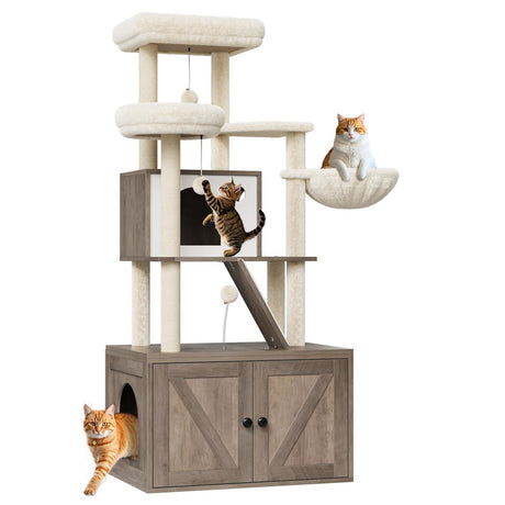 OUTGOODS 59-Inch Cat Tree with Litter Box Enclosure 2-in-1 Modern Large Cat Tower for Indoor Cats with Condo/Hammock/Scratching Post/Plush Perch/Caves, Wooden Hidden Litter Box Furniture, Grey OUTGOODS