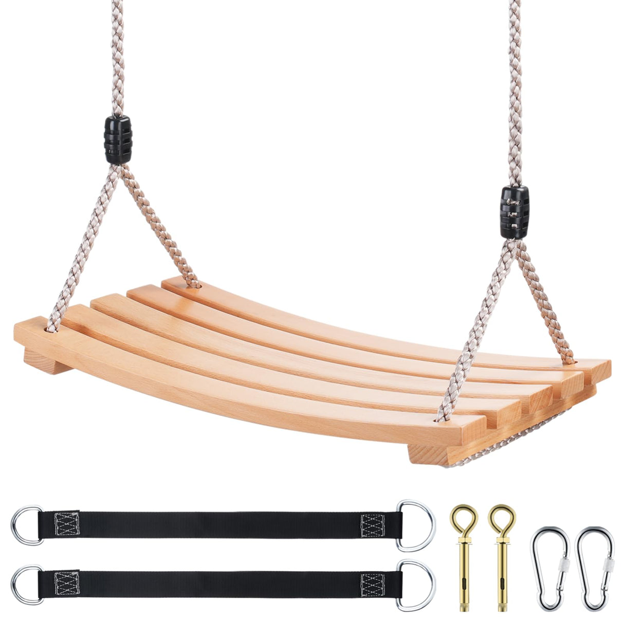 Wooden Tree Swing,Wooden Swing for Adults/Kids with 500lbs Load Capacity,Adjustable Hemp Rope Plus Tree Straps 100 inch, Hanging Wooden Swing for Indoor, Outdoor, Garden,Yard,Backyard (Curved Wooden) GEKMOR