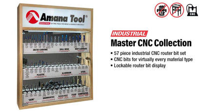 Amana Tool AMS-CNC-60 CNC Master Router Bit Collection Includes 57 SKUs and LED Illuminated Mirrored Interior and Solid Wood Display - WoodArtSupply