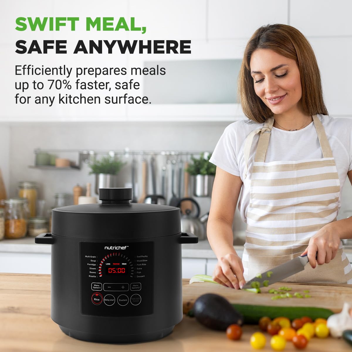NutriChef Electric Pressure Cooker 6 Quart Capacity | 9 Function Digital Countertop Pressure Cooker | Adjustable Time & Temperature | Cook, Bake, Steam, & Braise | 13.1 x 11.4 IN | Black NutriChef