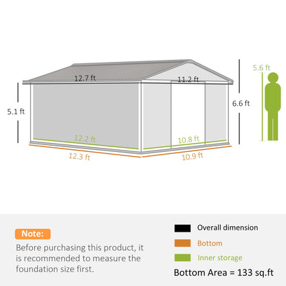 Outsunny 11' x 13' Outdoor Storage Shed, Garden Tool House with Foundation Kit, 4 Vents and 2 Easy Sliding Doors for Backyard, Patio, Garage, Lawn, Light Gray - WoodArtSupply