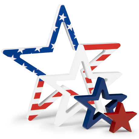 COCHIE 4th of July Decorations Stars Set of 4, Red White Blue Decor, Patriotic Memorial Day Star Tiered Tray Decor, Labor Day Fourth of July Decoration for Home Office Table Shelf (Print) COCHIE