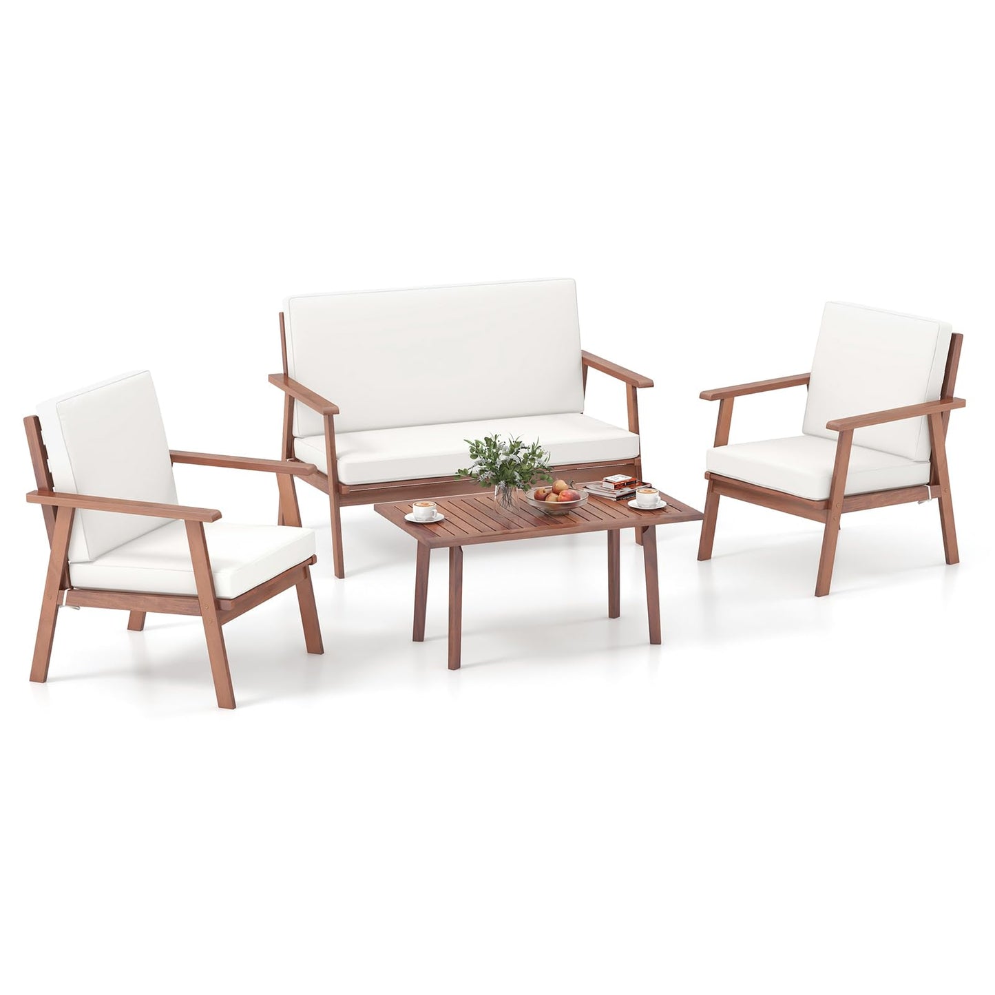 Tangkula 4 Piece Outdoor Conversation Set, Acacia Wood Sofa Set with Soft Seat & Back Cushions, Rectangle Coffee Table Patio Wood Furniture Set for Backyard, Poolside, Garden (1, Off White) - WoodArtSupply