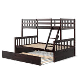 KOMFOTT Wood Twin Over Full Bunk Bed with Trundle, Bed Frame with Solid Pine Wood Frame, Space-Saving Bunk Bed with Ladder & Safety Guardrails, No Box Spring Needed KOMFOTT