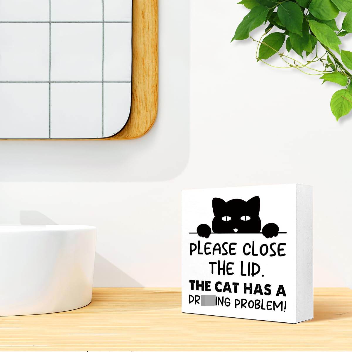 Cat Owner Bathroom Wood Block Signs,Please Close the Lid the Cat Has A Drinking Problem Wooden Box Sign for Bathroom Shelf Toilet Restroom Tabletop Desk Decor,Cat Lovers Sign Decor V585 LVQHI