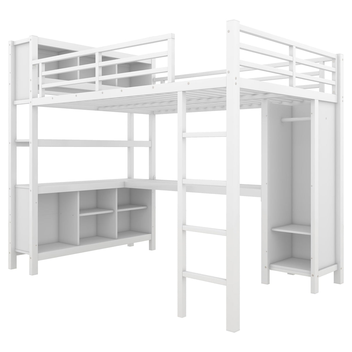 Full Size Loft Bed with Wardrobe and Storage Cubes, Heavy Duty Loft Bed with Desk, Storage Shelf and Guardrail, White Bellemave