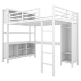 Full Size Loft Bed with Wardrobe and Storage Cubes, Heavy Duty Loft Bed with Desk, Storage Shelf and Guardrail, White Bellemave
