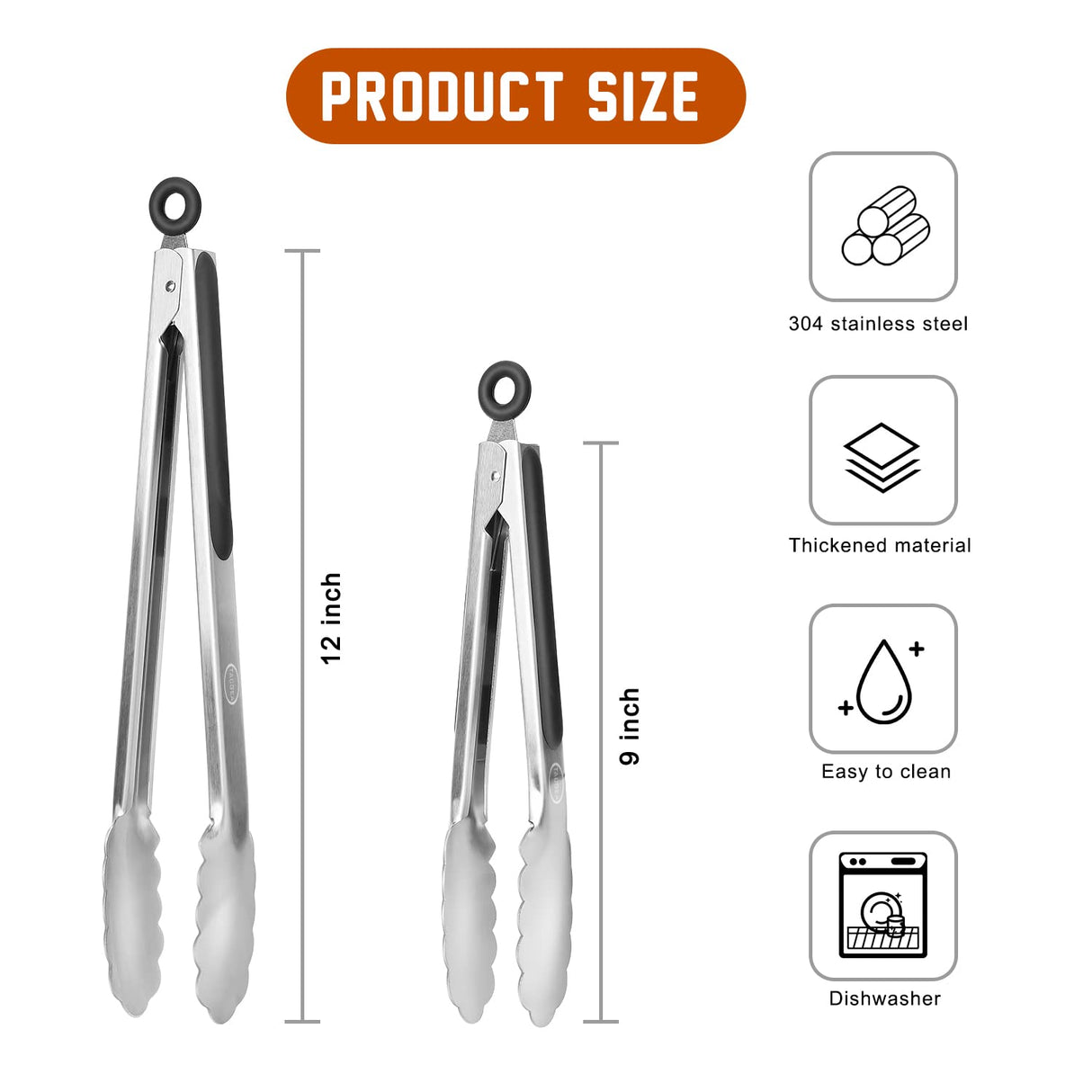 TACGEA Stainless Steel Kitchen Tongs, Silicone Non-slip Grip, Locking Grilling Food Tongs Set of 2, 9-inch & 12-inch TACGEA