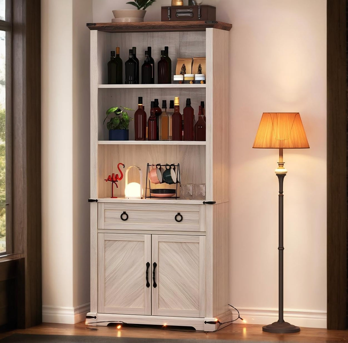 DWVO Bookcase with Doors & Drawers, Tall Bookshelf with Storage Shelves, Standing Display Shelf Organizer Rack for Home Office, Living Room, White+Walnut Grain DWVO