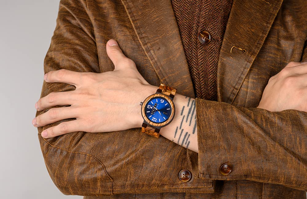 BOBO BIRD Week and Date Multi-Functional Display Men's Zebra Wooden Quartz Watch Lightweight Handmade Casual Wristwatches with Gift Box (Blue Dial) BOBO BIRD