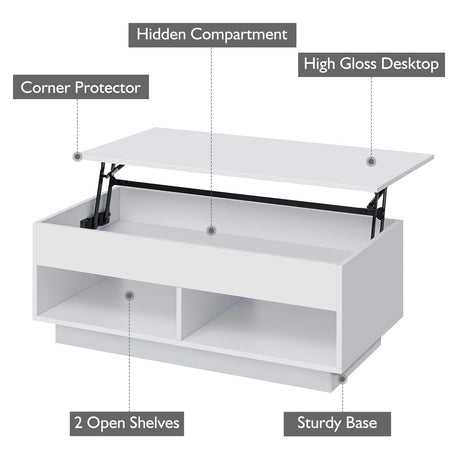 HOMMPA Lift Top Coffee Table with Hidden Storage LED Coffee Table Morden High Gloss White Living Room 3 Tiers Modern Tea Table with Storage Center Tables Hidden Compartment & 2 Open Shelves HOMMPA