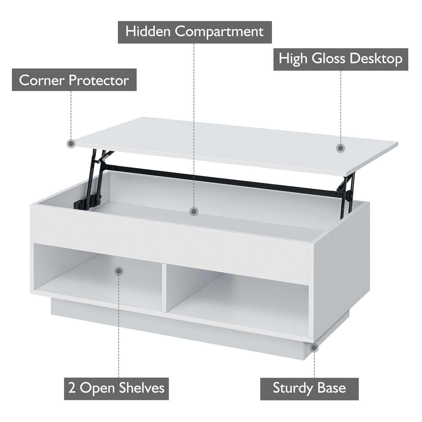 HOMMPA Modern Lift Top Coffee Table with Storage for Living Room LED Coffee Table Wodden Lift Tabletop Dining Table with Hidden Compartment and Metal Frame, White - WoodArtSupply