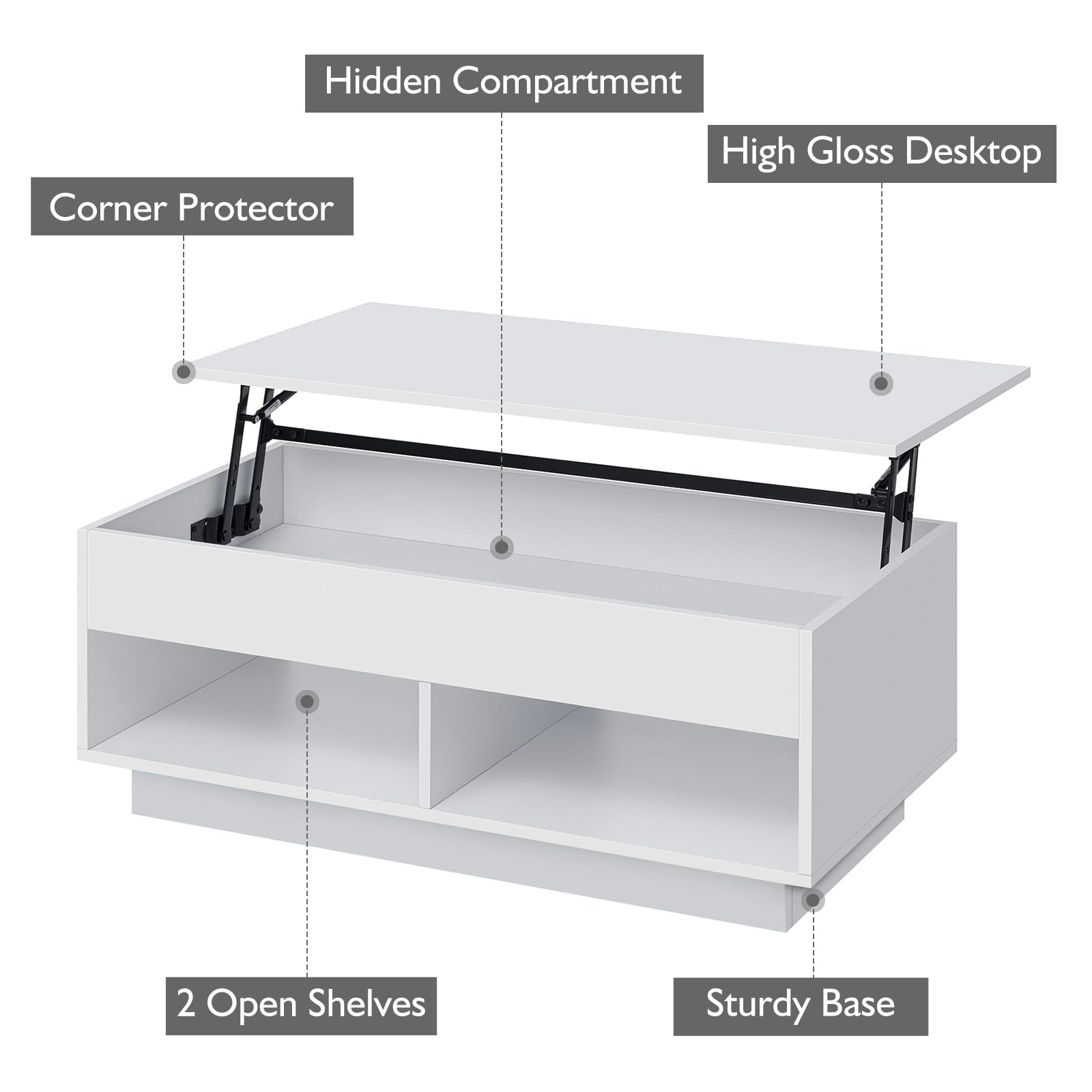 HOMMPA Modern Lift Top Coffee Table with Storage for Living Room LED Coffee Table Wodden Lift Tabletop Dining Table with Hidden Compartment and Metal Frame, White - WoodArtSupply