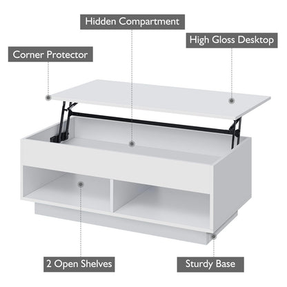 HOMMPA Modern Lift Top Coffee Table with Storage for Living Room LED Coffee Table Wodden Lift Tabletop Dining Table with Hidden Compartment and Metal Frame, White - WoodArtSupply