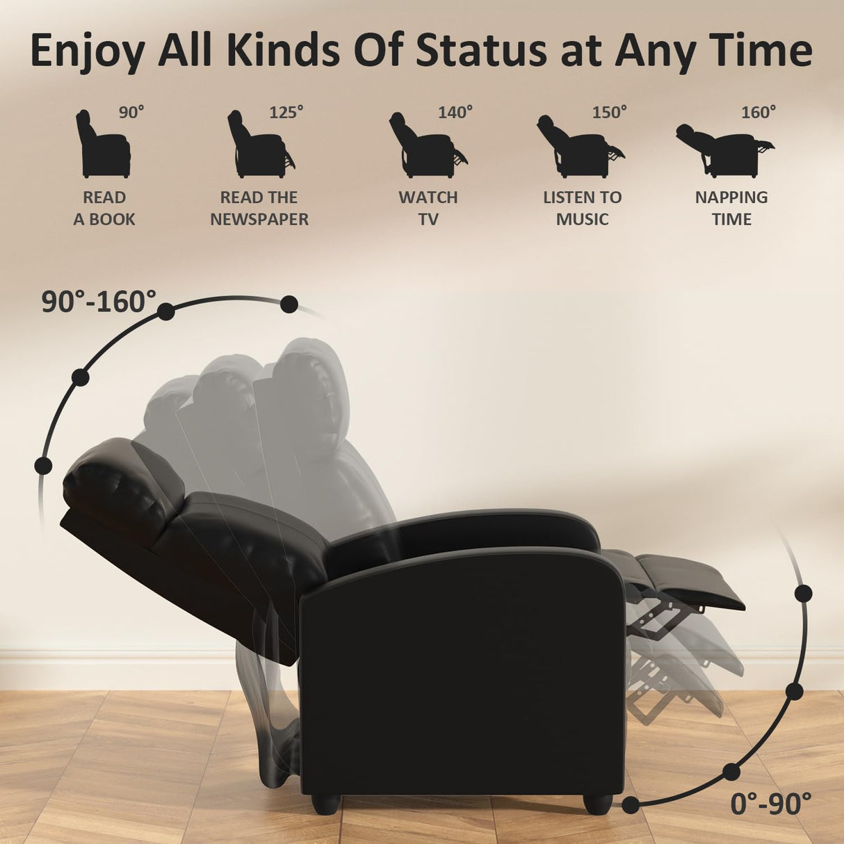 Massage Recliner Chair, Single Sofa Chair with Remote Control, Chair Recliner, Lazy Boy Recliner Chair, Living Room Recliners with Pu Leather Padded Seat Backrest, Recliner Chairs for Adults, Black MKDLUFEI