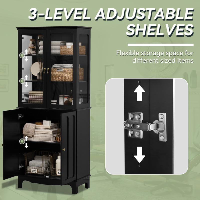 ARTPOWER 72" Freestanding Kitchen Pantry Storage Sideboard, Classical Tall Cabinet with Glass Door and Adjustable Shelves for Kitchen, Livingroom and ARTPOWER