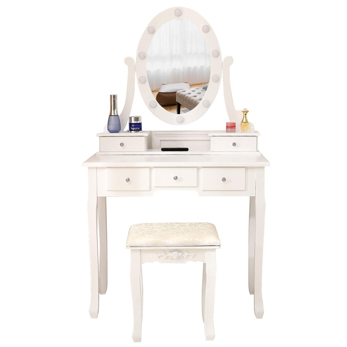 COVMAX Vanity Table Set with Lighted Mirror, Makeup Dressing Table and Cushioned Stool Set with 5 Large Drawers for Women Girls okcomuy