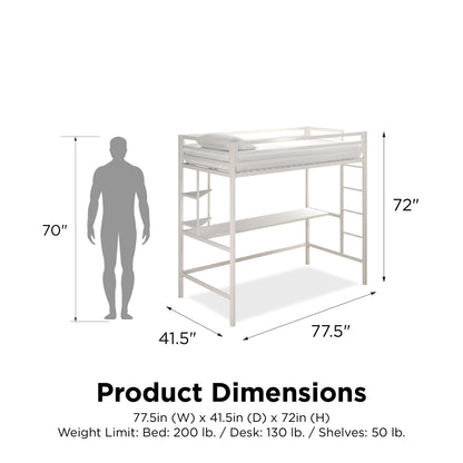 Novogratz Maxwell Metal Twin Loft Bed with Desk & Shelves, Off White/Off White