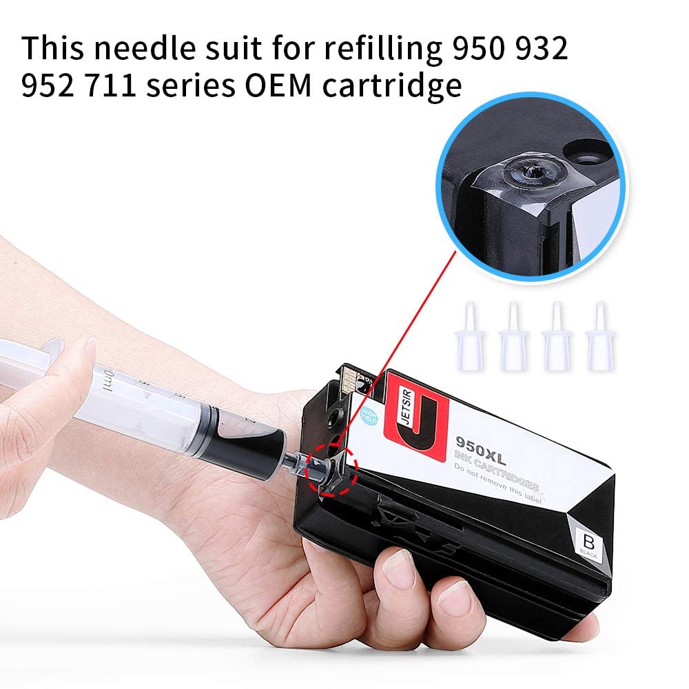 JETSIR 4 Color Ink Refill kit for HP 950 951 932 933 60 61 952 902 901 62 63 21 22 920 940 934 564 711 970 971 94 95 96 Ink Cartridge (2 Black 1 Cyan 1 Magenta 1 Yellow) 100ML x5 Bottle with Syringe JETSIR