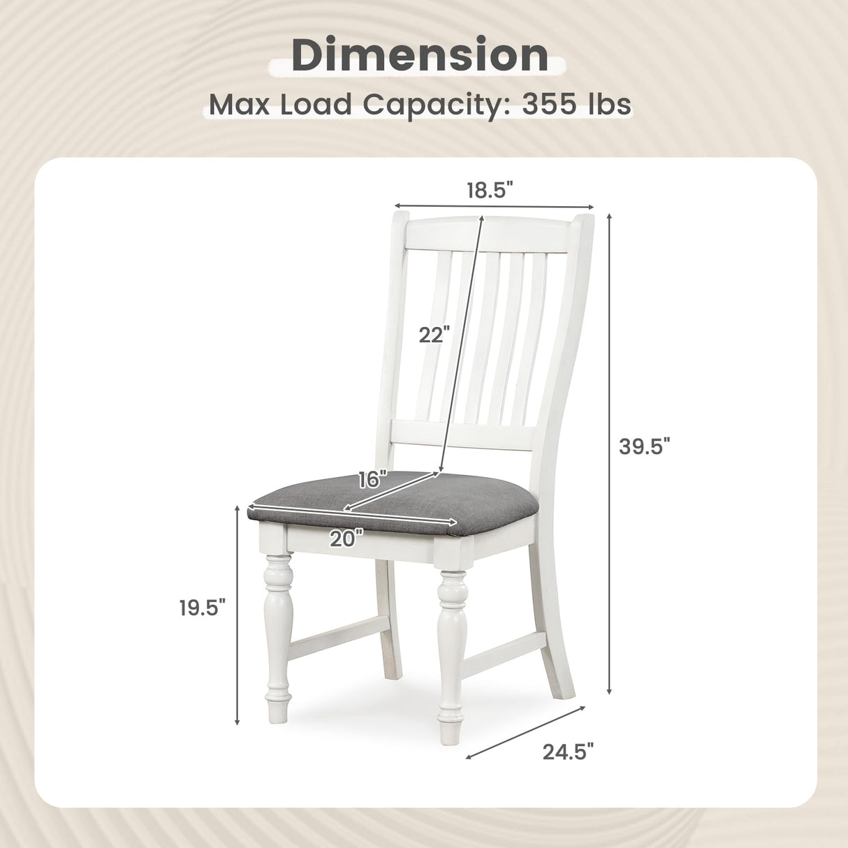 Giantex Wood Dining Chairs Set of 2, Farmhouse Kitchen Chairs with Solid Wood Frame, Max Load 355 Lbs, Armless Upholstered Dining Side Chairs with Cushion Seat, Slat Back Dining Room Chair, White Giantex