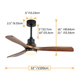 Sofucor 52 Inch Ceiling Fan With Lights Remote Control 3 Wood Fan Blade Ceiling Fans Noiseless DC Motor Solid Walnut and Matte Black For Farmhouse Modern Style Sofucor