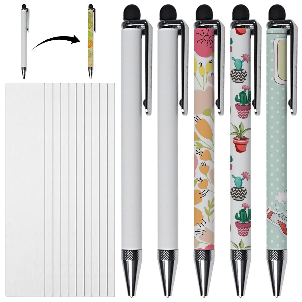 ZUYYON 5 Pcs Sublimation Blank Pens Heat Transfer Stylus Sublimation Ballpoint Pen with 10 Pcs Shrink Wrap White Aluminum Customized Clip Pen for DIY Office School Stationery Supplies(Silvery)