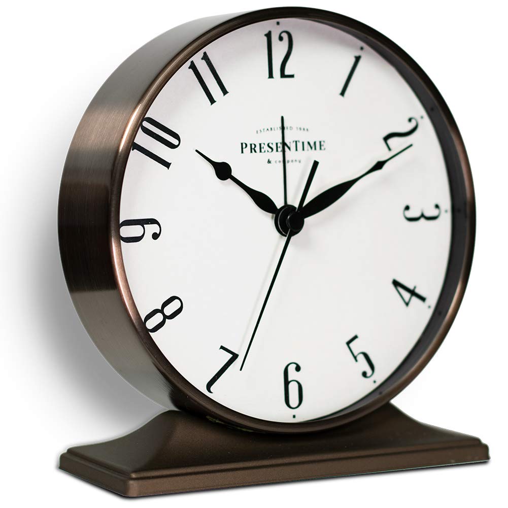 Presentime & Co Lewis Mantel Alarm Clock, Desk and Shelf Clock, Tabletop Decoration, 5.5 x 5 inch, Silent no Ticking, Metal Base, Bronze Finish, Arabic Numeral Presentime