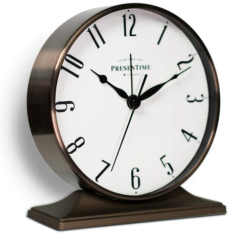 Presentime & Co Lewis Mantel Alarm Clock, Desk and Shelf Clock, Tabletop Decoration, 5.5 x 5 inch, Silent no Ticking, Metal Base, Bronze Finish, Arabic Numeral Presentime