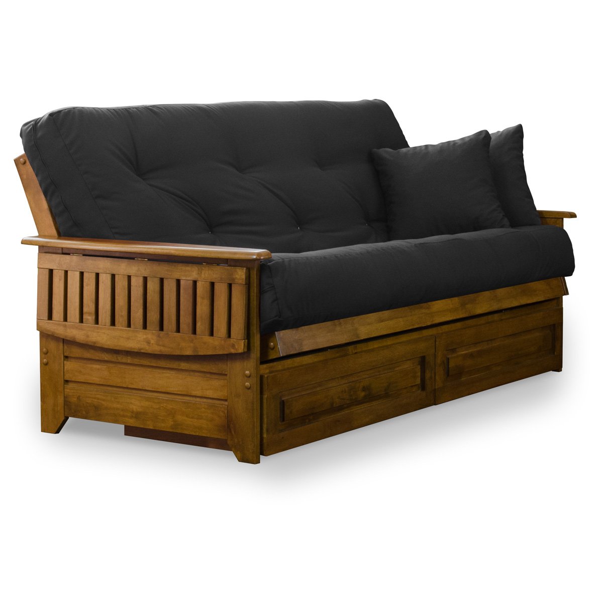 Nirvana Futons Brentwood Tray Arm Futon Frame, Drawers, and Black Mattress Set - Full, Rich Heritage Finish