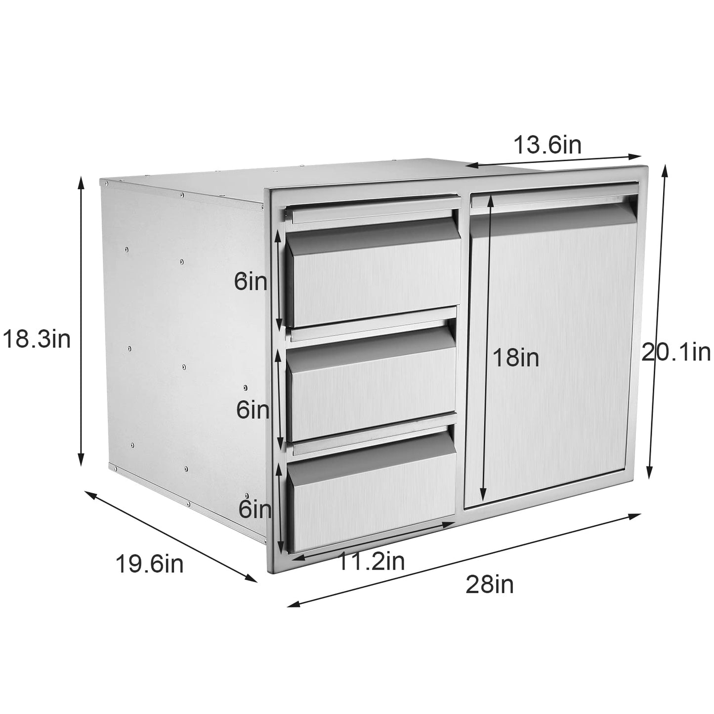 Yokrawpet Outdoor Kitchen Drawer Combo, BBQ Access Door Drawers Combo with Stainless Steel, Perfect for BBQ Grill Station Outdoor Kitchen Storage Cabinet (28"" W x 19.6“D x 20.1"" H), Large, Slivery