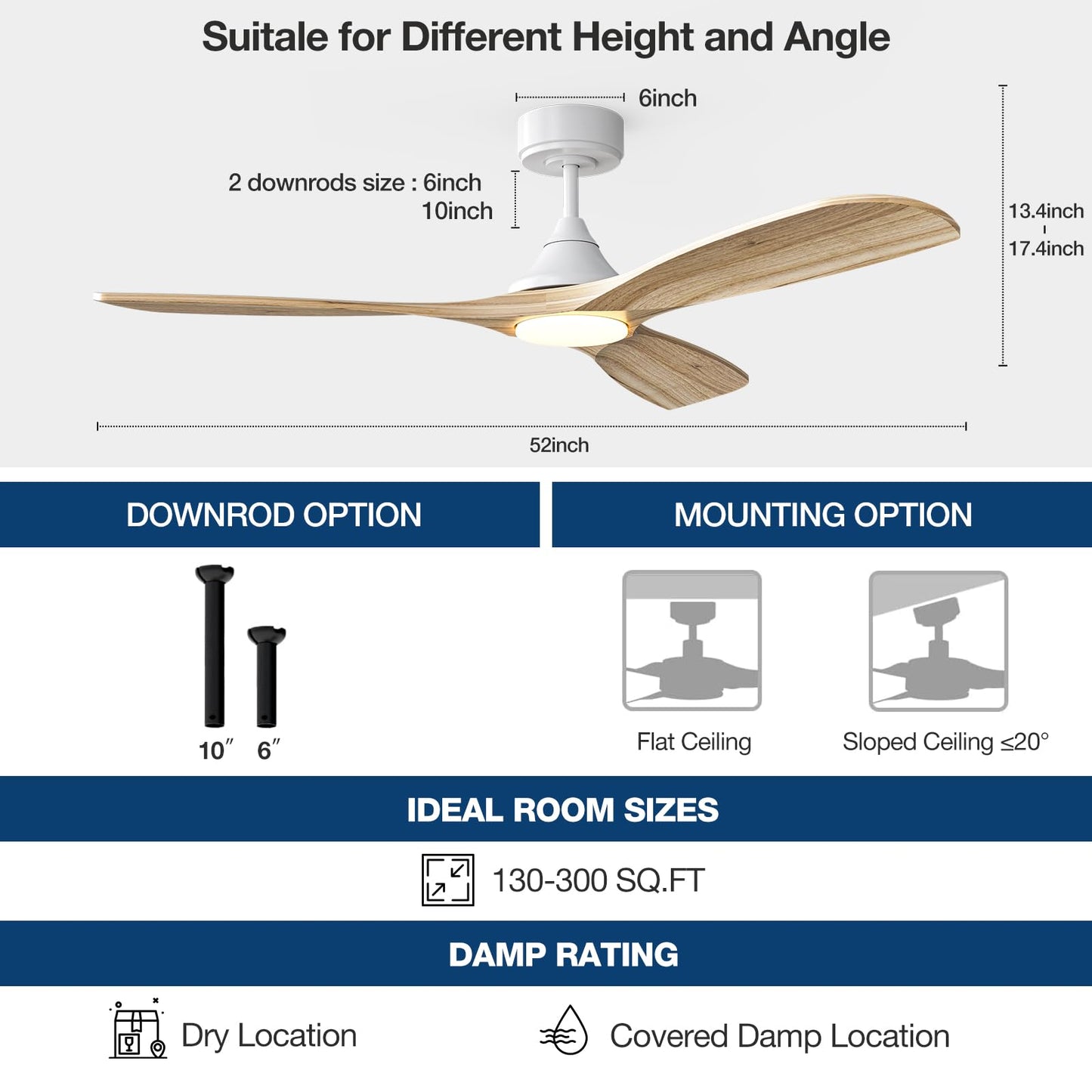 NOPAARD 52 Inch Smart Wood Ceiling Fan with Light, White Ceiling Fans with Remote, Alexa,Wifi and App Controls, Reversible Blades, Quiet DC Motor, Timing, High CFM, Dimmable LED Light, Natura - WoodArtSupply