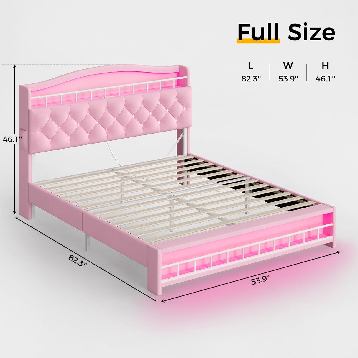 BTHFST Full Szie Girls Bed with LED Lights & Charging Station, Princess Full Size Bed Frame with Hidden Storage Headborad, Sturdy Platform Bed, No Box Spring Needed/Noise-Free/Easy Assembly, Pink BTHFST