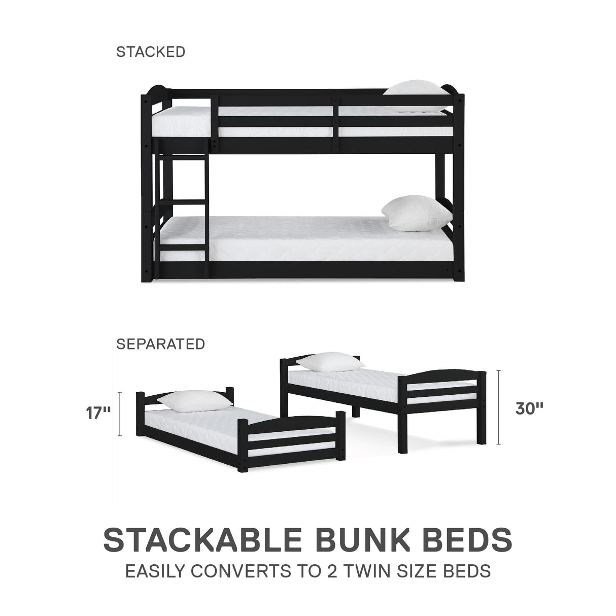 DHP Phoenix Twin Bunk Bed with Ladder, Black, Space-Saving Design, Solid Wood Construction DHP
