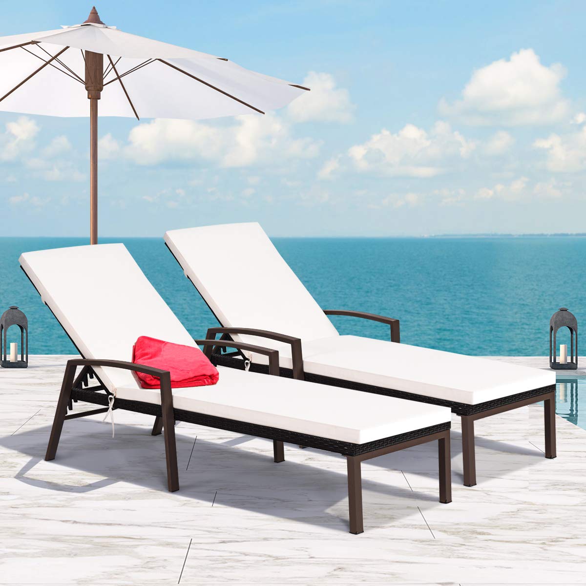 Tangkula Set of 2 Patio Furniture Outdoor Rattan Wicker Lounge Chair Set Adjustable Poolside Chaise with Armrest and Removable Cushions Tangkula