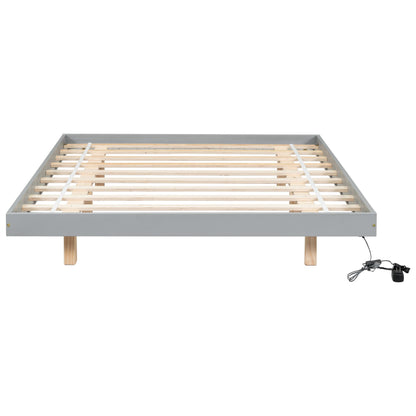 Floating Full-Size Bed Frame with LED Lights in Grey – Modern Low Profile Design with Solid Pine Wood Construction - WoodArtSupply