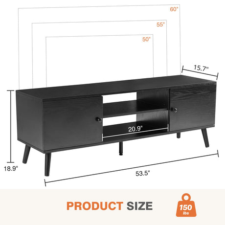 Sweetcrispy TV Stand for 55 60 inch TV, Modern Mid Century Entertainment Center with Storage, Media Console Table 2 Cabinet, Soft Hinge, Handle Door, Wooden Living Room, Office Furniture, Black Sweetcrispy