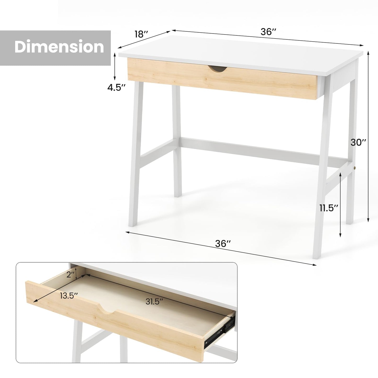 Giantex Modern Writing Desk with Drawer, White Computer Desk with Rubber Wood Legs, Minimalist Workbench Desk for Small Space, Makeup Table Vanity - WoodArtSupply