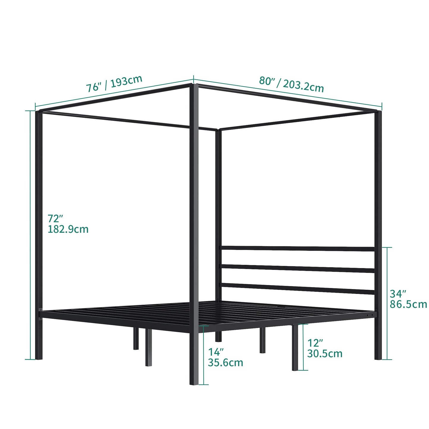 YITAHOME Metal Four Poster Canopy Bed Frame, 14 Inch Platform Bed with Built-in Headboard Strong Metal Slat Mattress Support, No Box Spring Needed, Black, King Size